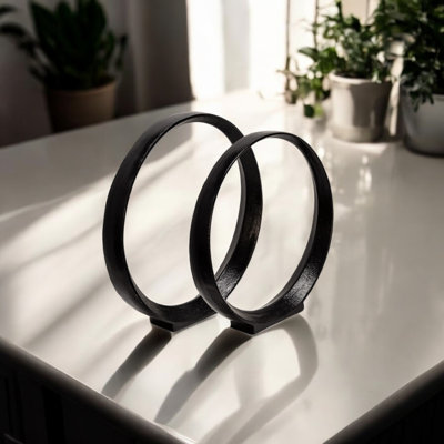 Set of 2 Metal Ring Sculptures - Modern Abstract Black Aluminum 12" and 14" Circular Sculpture