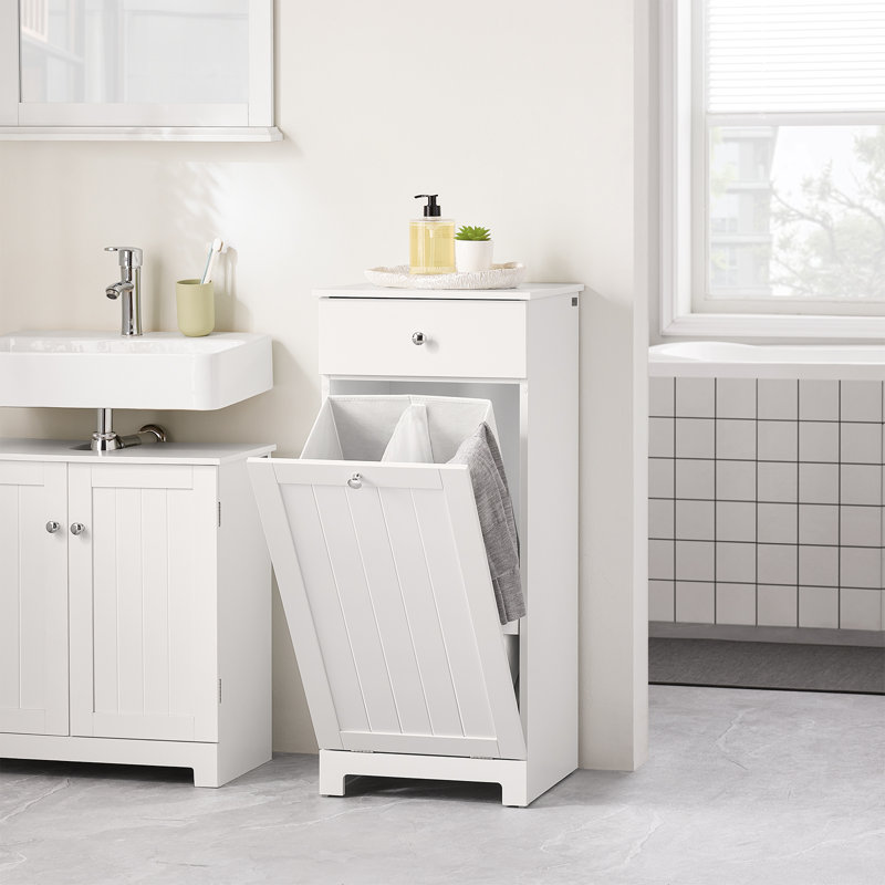 Tilt Out Laundry Hamper Cabinet, Bathroom Storage Cabinet with Drawer and Removable Basket, Freestanding Narrow Laundry Sorter for Small Spaces, White