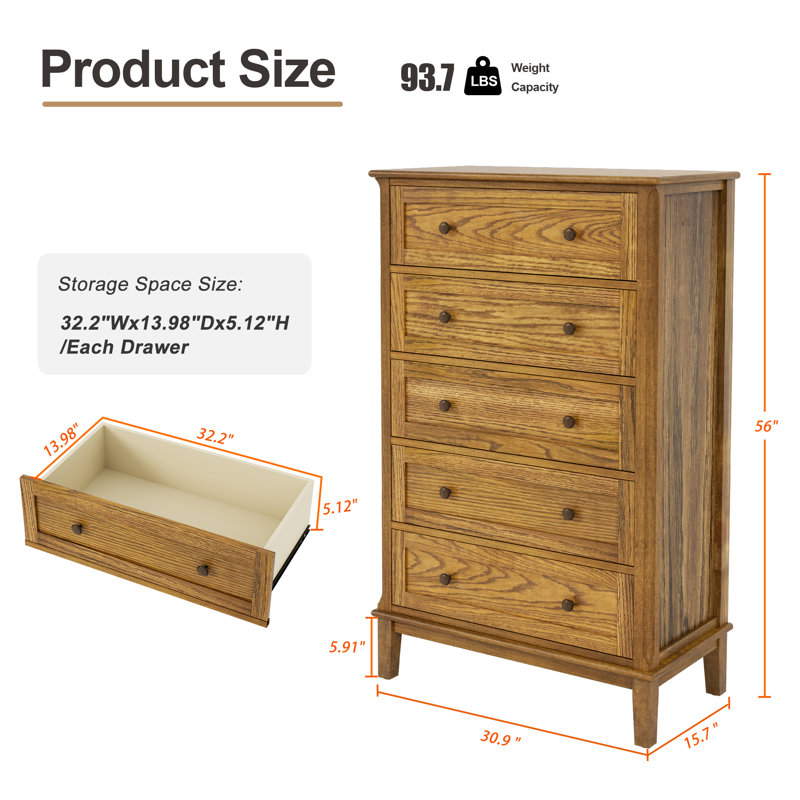 56"H  Retro Style 5 Drawers Solid Wood Dresser, Natural