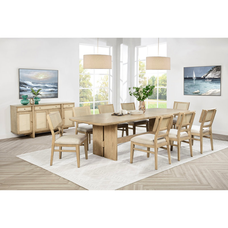 Ensemble de salle à manger 10 pièces avec fini chêne beige, table rectangulaire extensible, chaises en rotin tressé et buffet de rangement pour anniversaire, style bord de mer, dossier escamotable amovible.