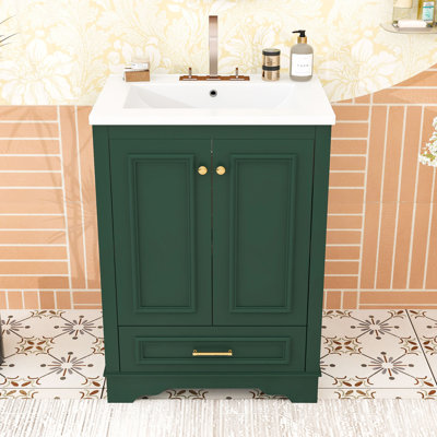 Meuble-lavabo à tiroir avec lavabo en céramique, tablettes réglables et armoire à fermeture en douceur