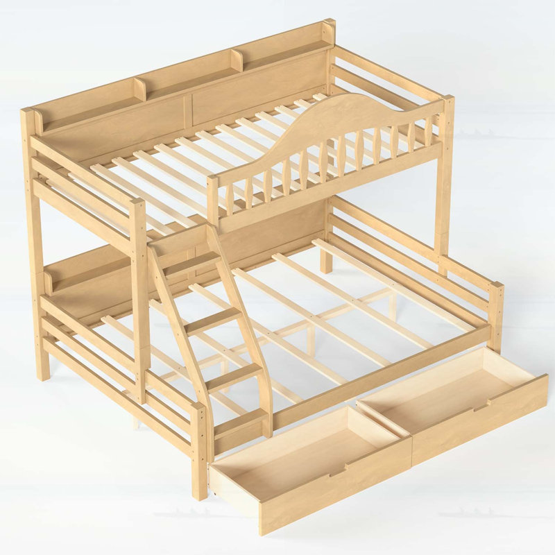 Lit simple superposé au dessus d'un lit double avec rangement, garde-corps courbés et tablettes latérales, structure en bois massif, aucun sommier nécessaire, finition naturelle