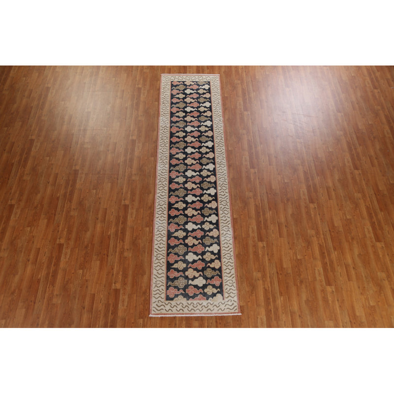 Tapis de couloir unique en laine noué à la main 2 pi 11 po x 11 pi 8 po New Age - noir / beige / ivoire