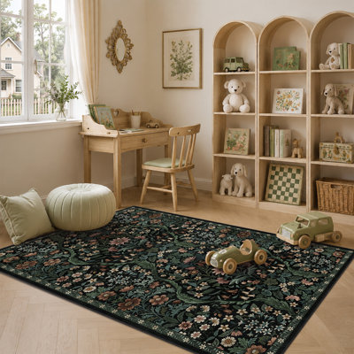 Washable Area Rug - Vintage Boho Botanical Low-Pile Rug