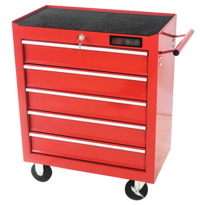 5 Drawers Garage Tool Storage With Locking System & Movable Wheels - Red Steel Cabinet For 5 Chest And Transportable Organization In