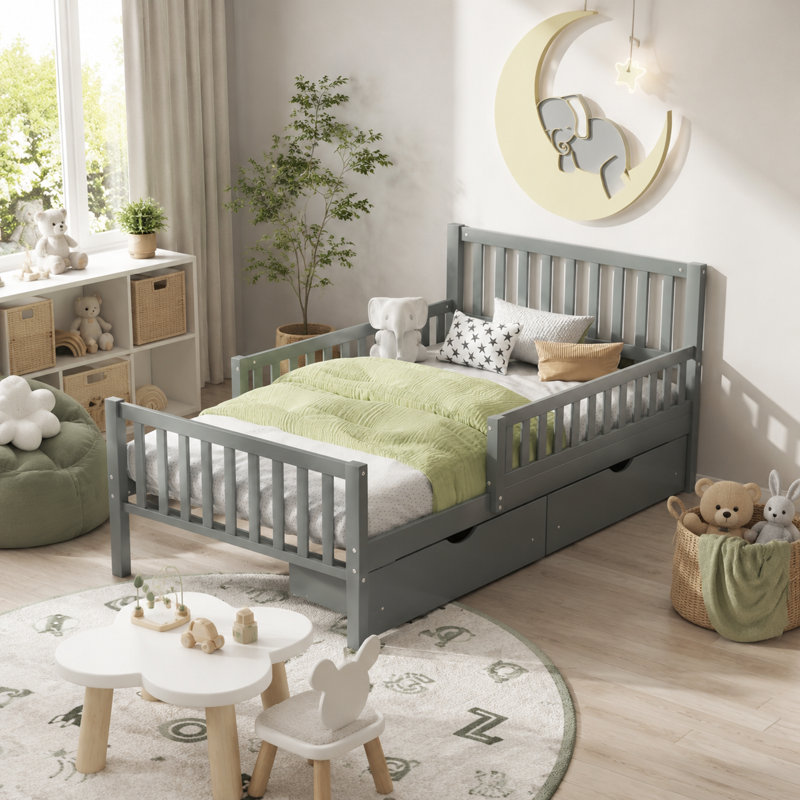 Lit plateforme simple en bois avec garde-corps double et 2 tiroirs de rangement, gris, Twin, Gray