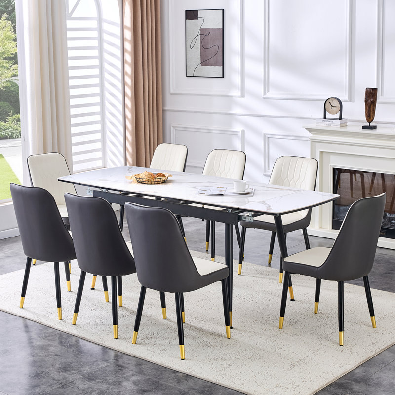 55'' - 79'' Extendable Sintered Stone Dining Table Set with Hidden Extension Leaf and Metal Legs, 9 Pieces: Table, 8 Chairs