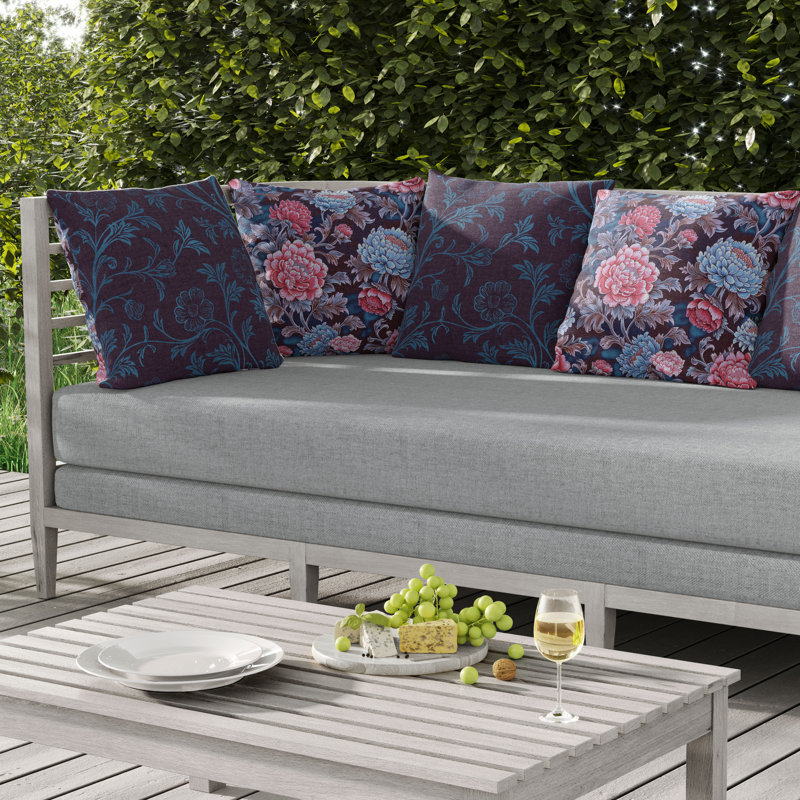 Coussin décoratif intérieur / extérieur Meadow Bloom, Bleu / brun / rose, H 18 po x l 18 po