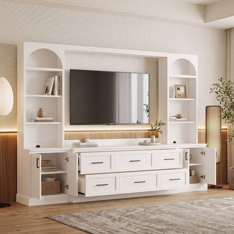 Meuble audio-vidéo moderne avec 6 tiroirs, 2 armoires, tablettes réglables et système de gestion des câbles, Blanc