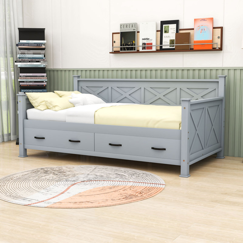 Lit de jour simple avec 2 tiroirs, gris