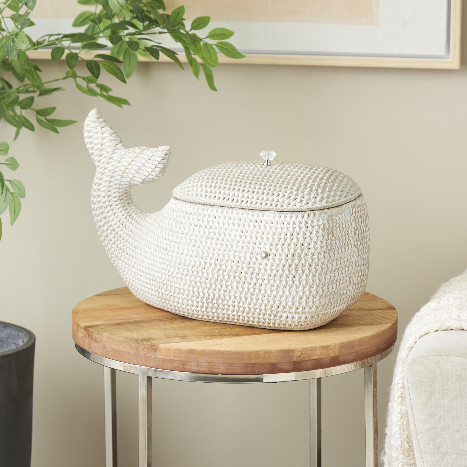 Cole And Grey Resin Woven Inspired Storage Whale Decorative Box With Clear Knob