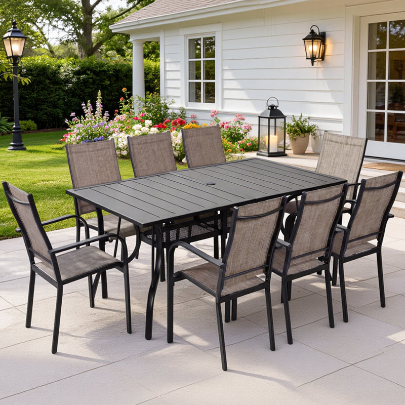 Ensemble de 8 chaises de patio, chaises de salle à manger d'extérieur à haut dossier et rembourrées en textilène pour le porche, brun