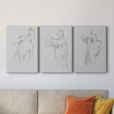 «Mâle torse croquis II», ensemble de 3 reproductions d'art sur toile tendue