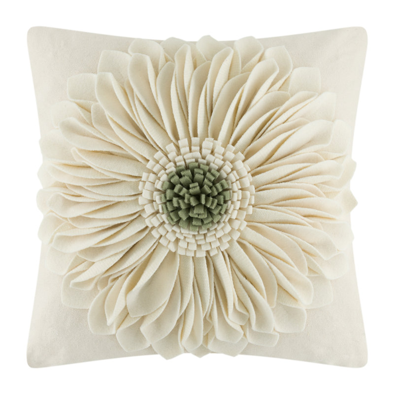 Appliqued Floral Accent Pillow Cover Sunflower Decorative Throw Pillow Case 18in, Creamy White/Beige