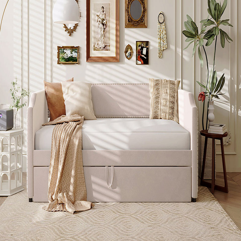 Structure de lit de jour simple en velours rembourré avec couchette escamotable, Beige