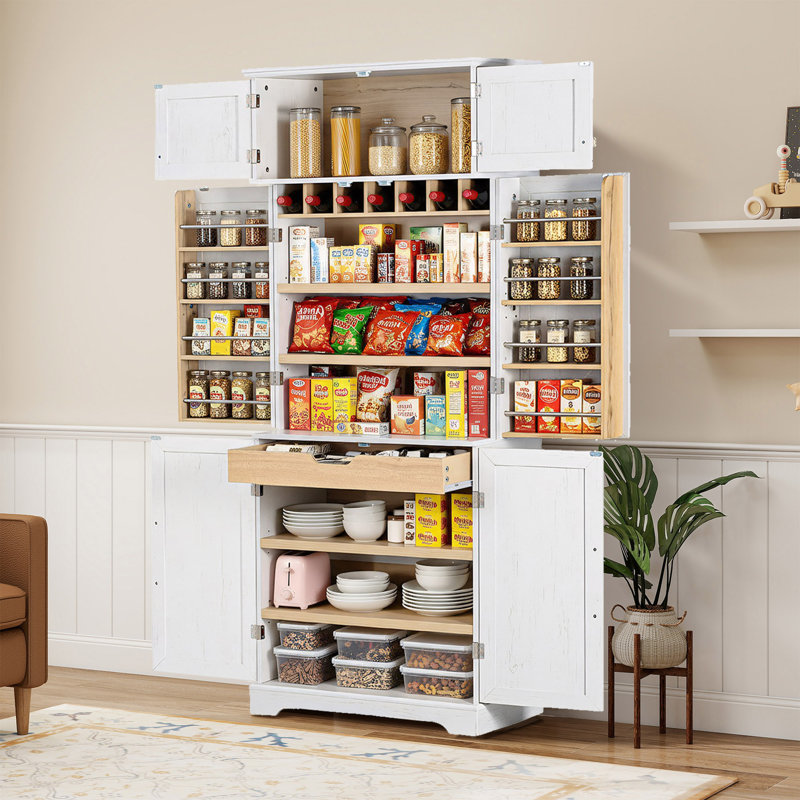 Armoire de cuisine de style campagnard de 78,2 po de hauteur avec 8 tablettes de porte, armoire de rangement avec 4 tablettes réglables, tiroir caché