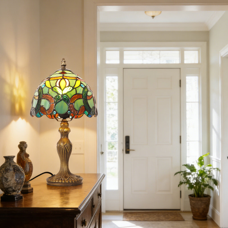 14.7 ''H Stained Glass Baroque Table Lamp, Decorative Nightstand Lamp With Bulbs