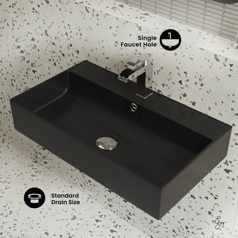 Claire 22" Ceramic Rectangle Wall-Mount Sink in Matte Black SM-WS318MB, Matte Black