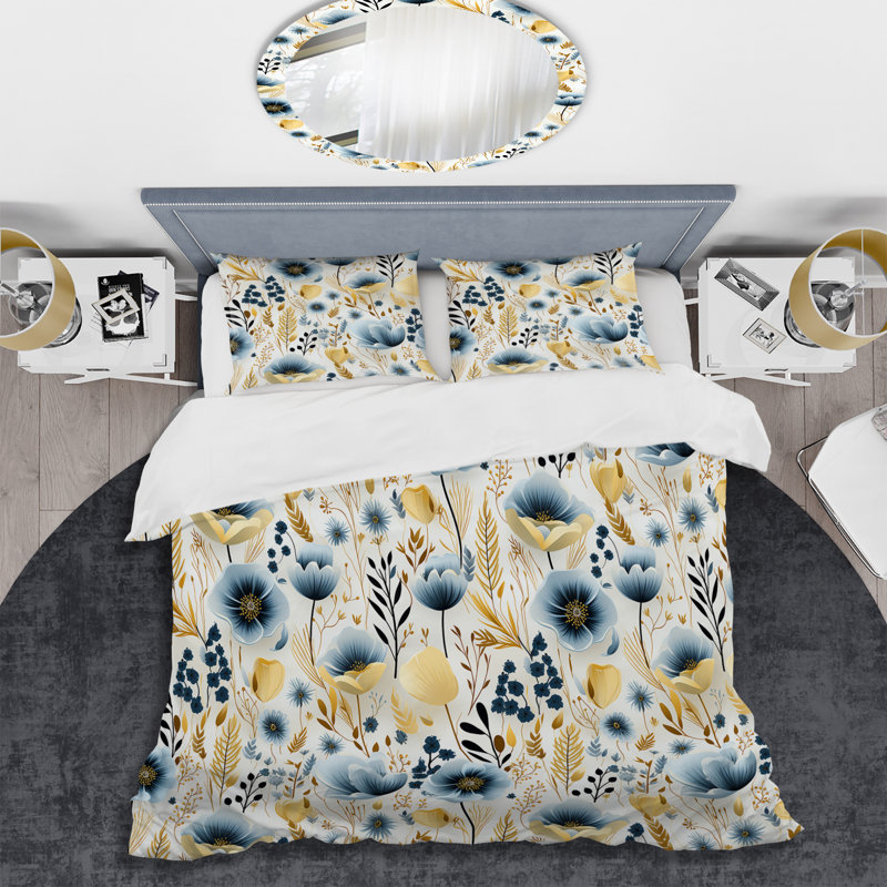 Literie Simplicity In Blue Scandinavian Flowers I, Housse de couette pour grand lit et 2 taies décor