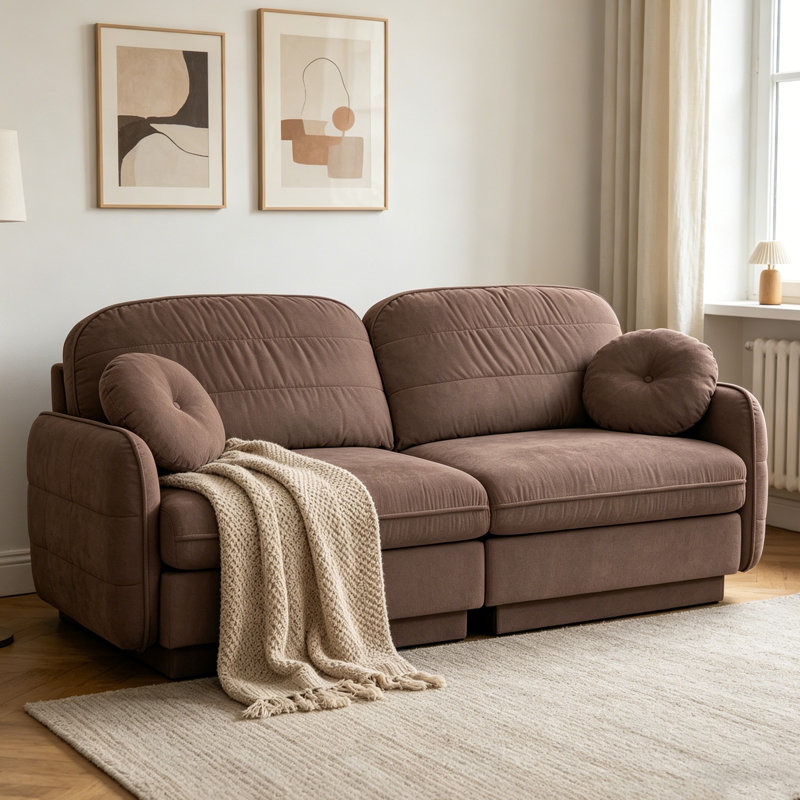 Canapé en chenille avec dossier matelassé et coussins ronds, causeuse profonde pour le salon, poussière de rose