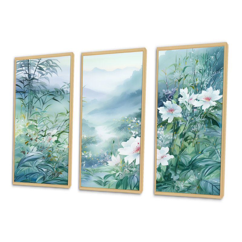Japon, bambou par la montagne III - ensemble d'art mural fleurs, Cadre naturel flottant, H 40 po x l 60 po x P 1 po