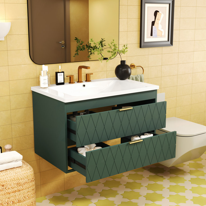 Meuble-lavabo mural avec lavabo en résine, armoire de rangement flottante avec 2 tiroirs, armoire de salle de bain en bois massif