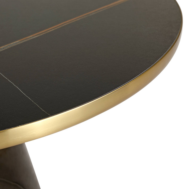 30" Round Coffee Table Glass/Sintered Stone Top With Brushed Rim And Tempered Glass Base, Black Stone, Gray