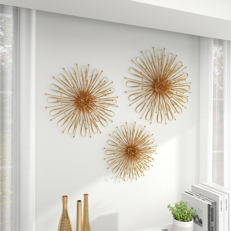 3 Piece Gold Metal Starburst Wall Decor with Orb Detailing Set, Gold