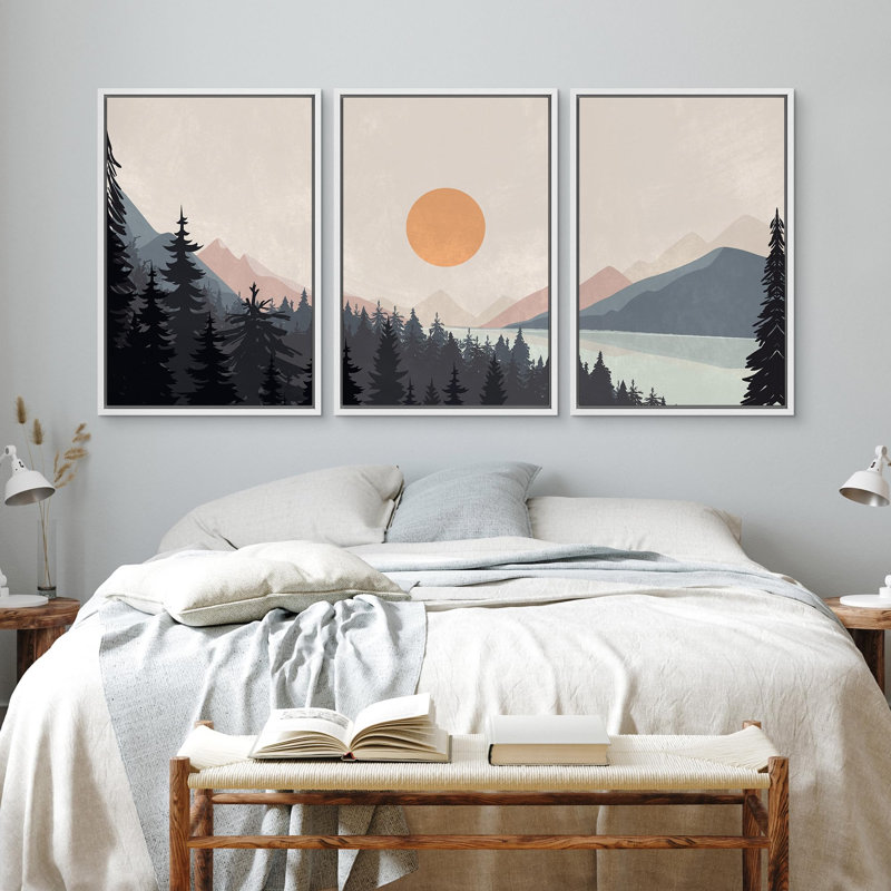 «Sun Mountain Landscape Nature Landscape Decor Abstract on Canvas», reproduction de 3 pièces, Cadre flottant blanc