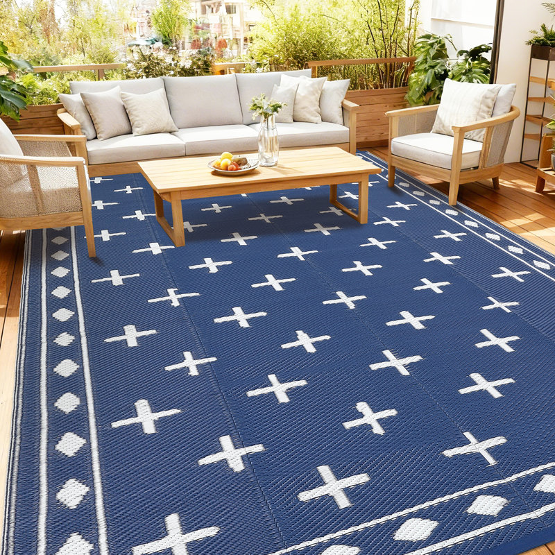 Geometric Reversible Outdoor Rug Waterproof Plastic Straw Patio Carpet for Deck, Porch, Garden, Camping, Balcony, RV, Beach, Picnic