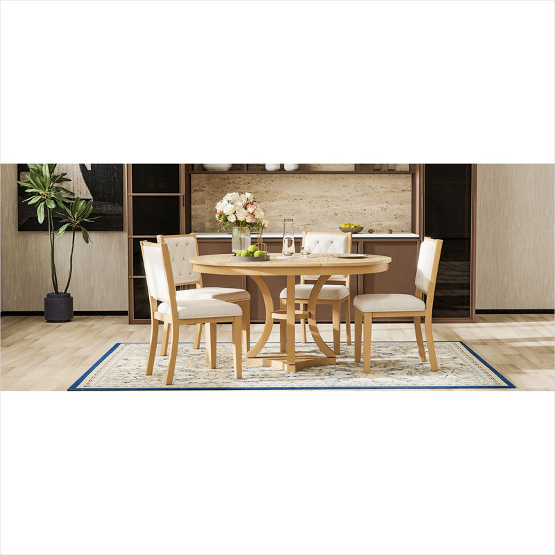 Ensemble de table de salle à manger extensible en placage de chêne avec chaises rembourrées, finition naturelle claire, 4 à 6 places, style rétro pour la cuisine ou le salon