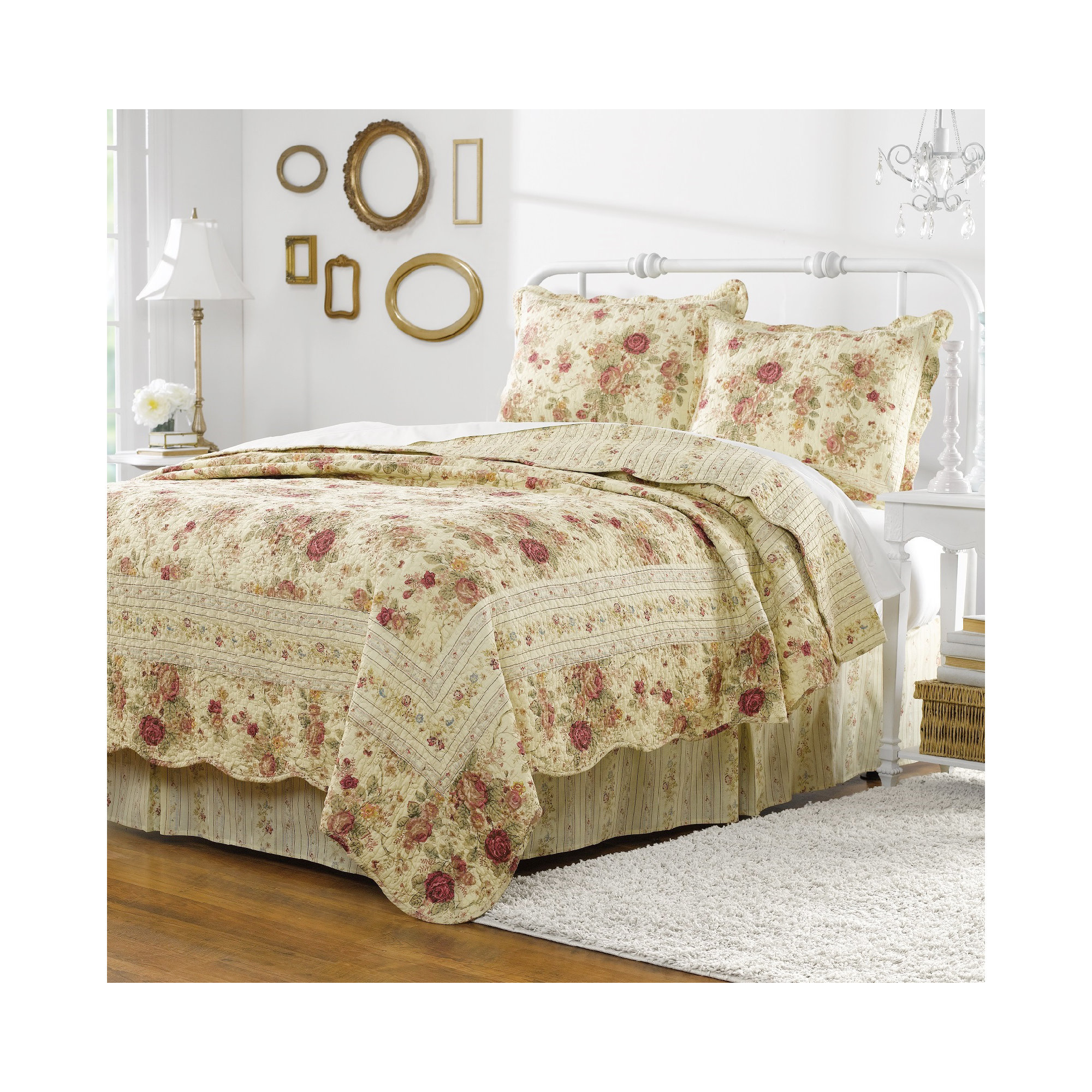 Antique Rose Cotton Reversible Quilt Set, Twin/Twin XL Quilt + 1 Sham, Ecru