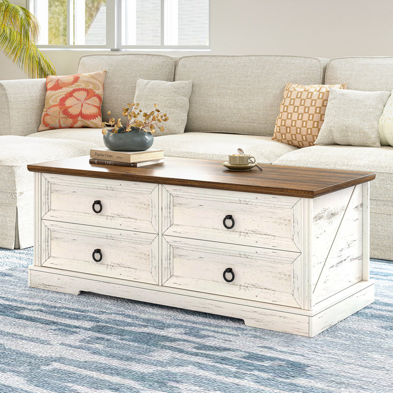 Table basse en bois rustique avec tiroirs, Blanc
