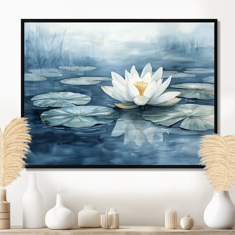 Impression sur toile White Lotus Calming Pond I - White Zen, H 24 po x l 32 po, Cadre flottant noir
