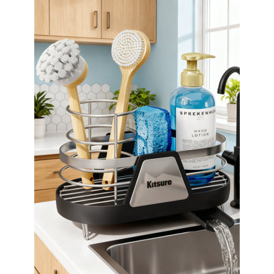 Sponge Holder For Kitchen Sink, Rustproof Metal Sink Caddy Organizer With Rotatable Drain Spout And Removable Brush Holder, Space-Saving Design