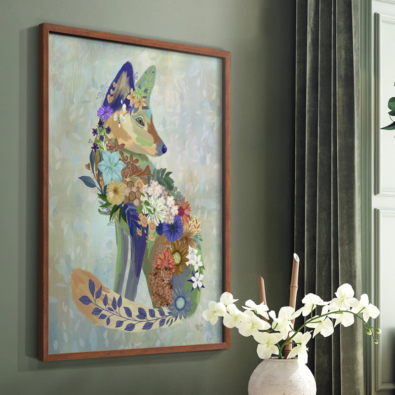 Fantastic Florals Fox, assis, reproduction encadrée - bois massif, Brun, H 28 po x l 22 po