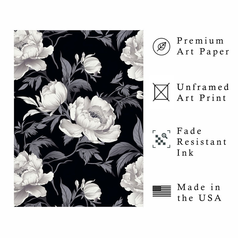 Floral noir et blanc Floral Elegance II, impression d'art sans cadre