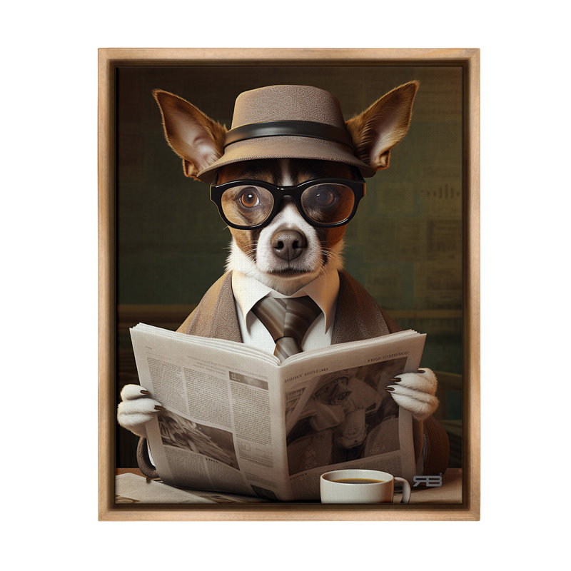 "Classy Dog With News journal" par RB sur toile, Cadre flottant orme Montalcino, H 21 po x l 17 po