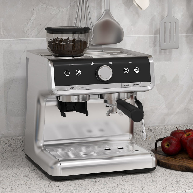 Machine à espresso argentée à 20 barres avec moulin Machine à expresso professionnelle avec réservoir d'eau amovible Moussoir à vapeur pour café au lait et cappuccino