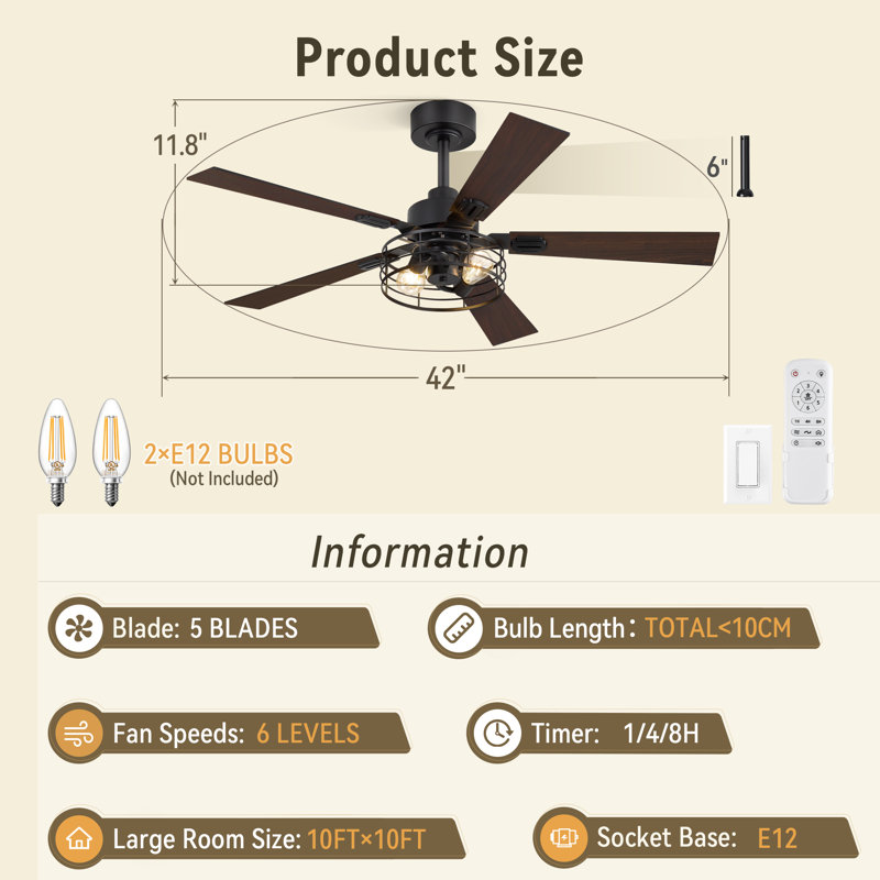 Cisslien 42" Black Industrial Caged Ceiling Fnas with Light Kit and Remote for Debroom, 42" Wide