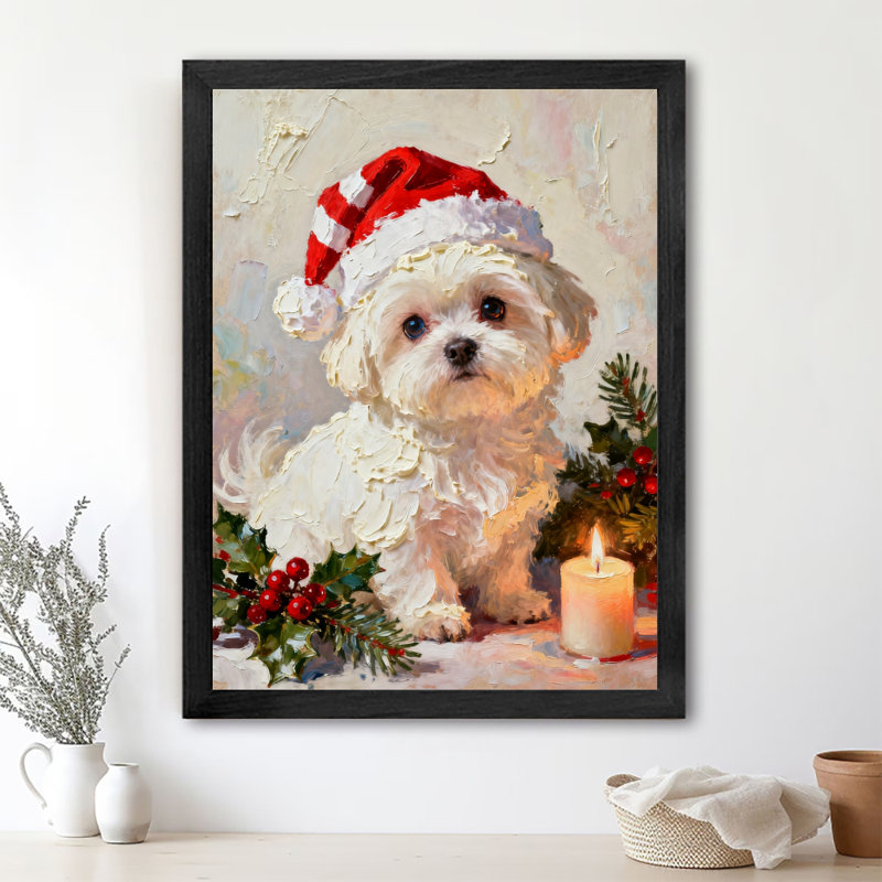 Art encadré noir, petit chien mignon de Noël rétro, impressions encadrées de style rétro, 37" H x 25" W