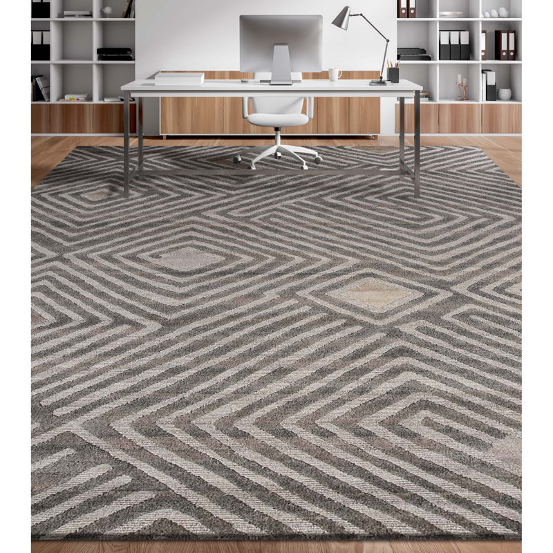 Hand Knotted Geometric Area Rug in Charcoal, Rectangle 8' x 10'