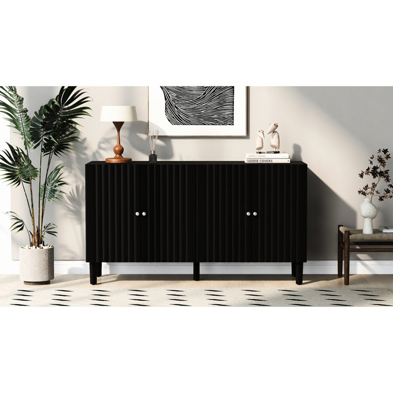 Buffet noir moderne de 58 pouces de large avec portes à motif ondulé, armoire de rangement de 32 po de hauteur avec tablettes réglables et poignées en métal, noir