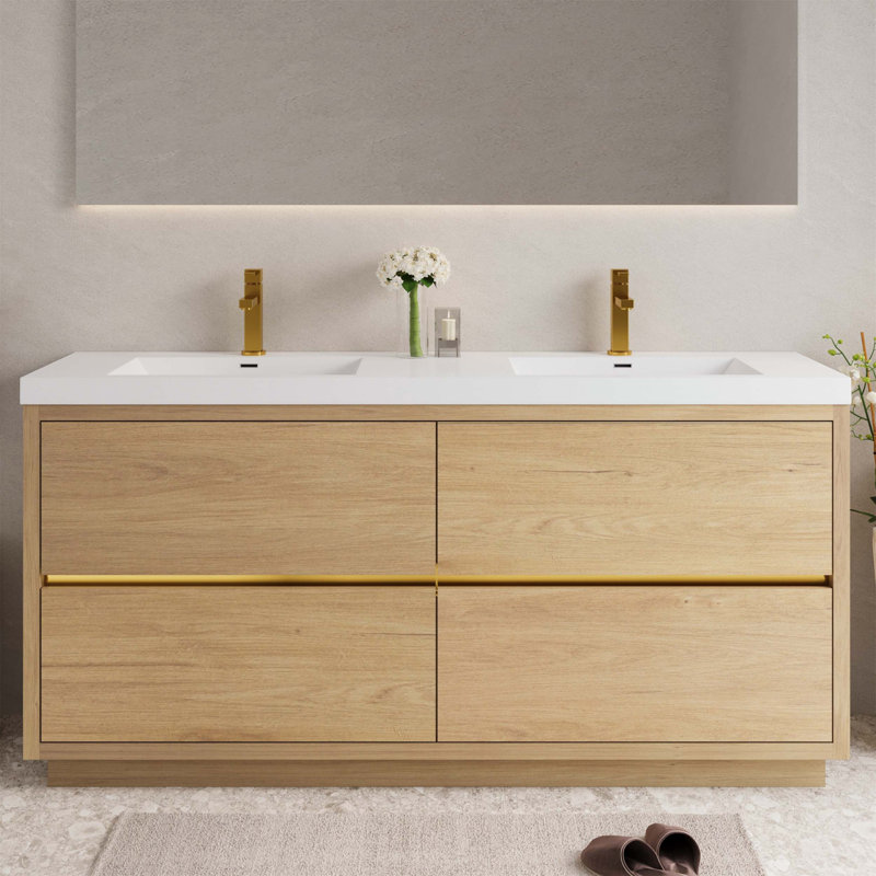 Meuble-lavabo autoportant avec lavabos doubles, armoire de rangement avec comptoir et tiroirs à fermeture en douceur, idéal pour les salles de bain organisées et confortables