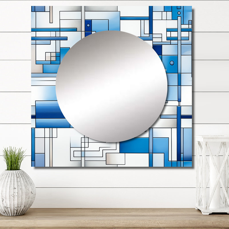 Rectangle blanc rétro avec rayures bleues rétro - art mural moderne carré pour salle de bain, 23 po x 23 po
