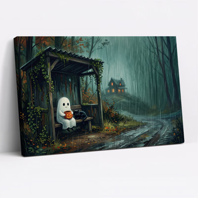 Art mural sur toile, "Ghost and Black Cat Under Rainy Shelter"
