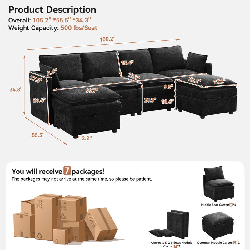 105.2" U-Shaped Modular Sectional Sofa with Storage , Black, 4 Seat + 2 Ottoman
