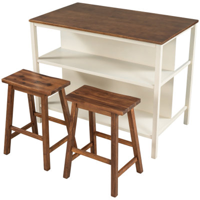 3 Piece 45 Inch Solid Wood Kitchen Island Set with 2 Counter Height Stools, Walnut and Cream White