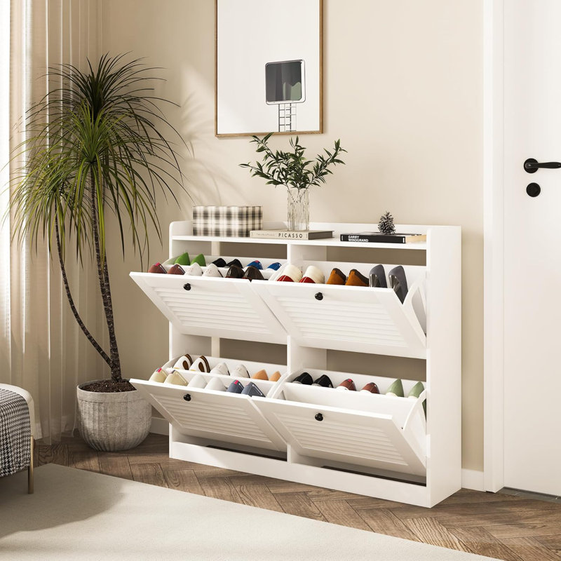 Hallway Large Shoe Storage Cabinet w/ 4 Flip Drawers, Freestanding Narrow Shoe Organizer w/ Hooks and Storage, Hidden Shoe Organizer