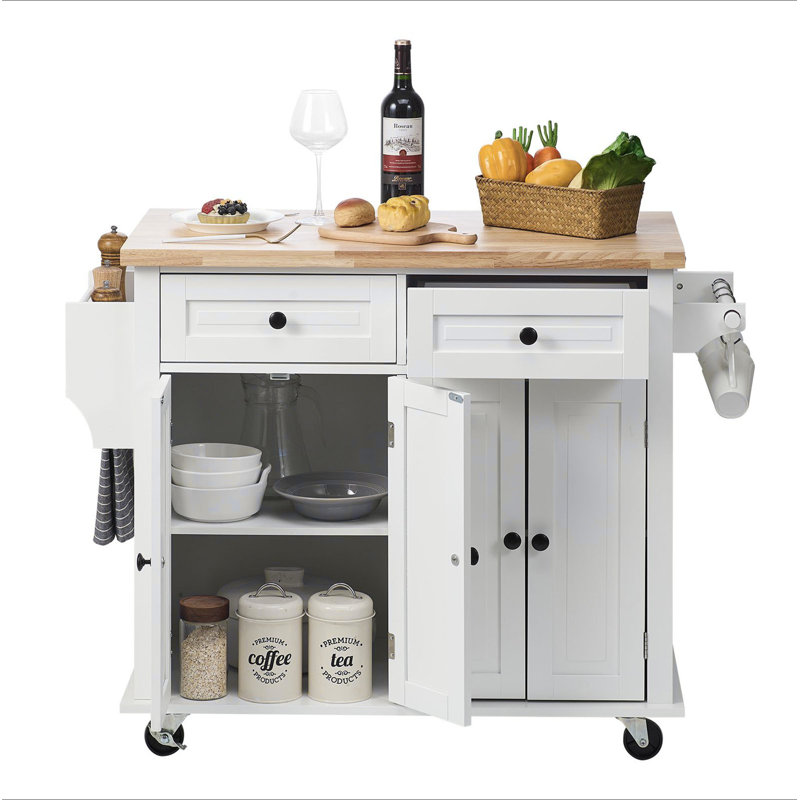 Kitchen Island Cart With Solid Wood Top, 35.4" Width Mobile Carts With Storage Cabinet, Rolling Kitchen Table With Spice Rack, Towel Rack, And Drawer, Portable Islands On Wheels
